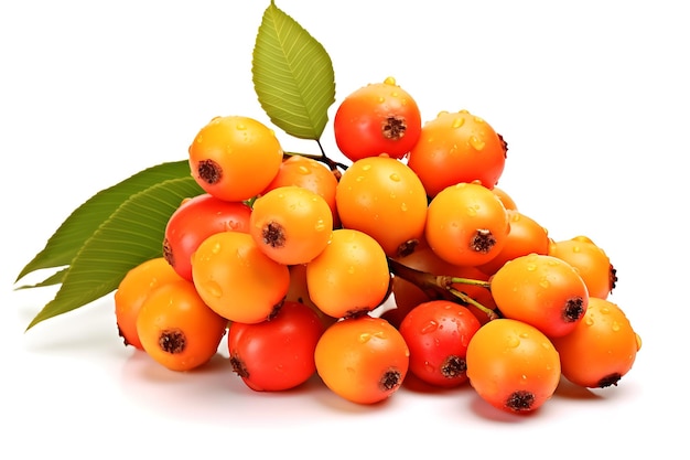 Ripe sea buckthorn berries with leaves isolated on white background