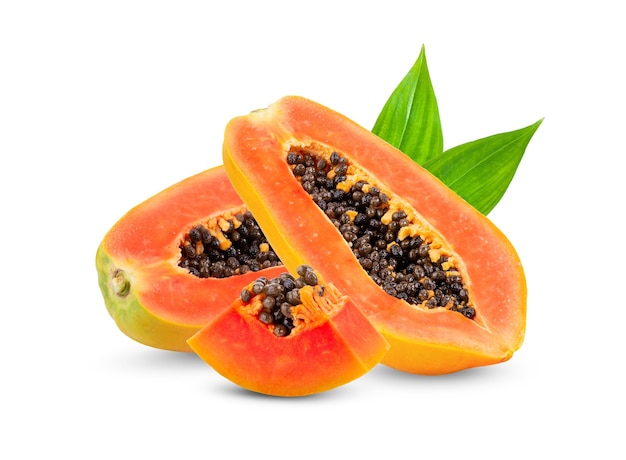 Ripe slice papaya with leaf isolated on white