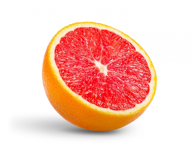 Ripe slice of pink grapefruit citrus fruit isolated