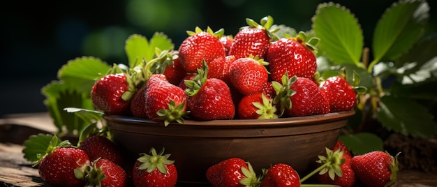 Ripe strawberries in a bowl on a wooden table