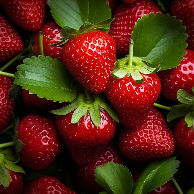 Ripe strawberries topped with leaves