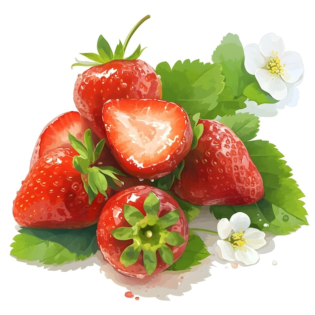 Ripe Strawberries with Fresh Leaves and Blooming Flowers on White Background