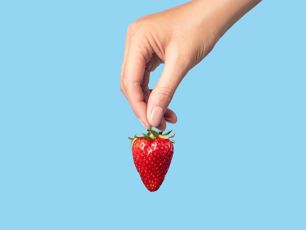 Ripe strawberry in hand blue background