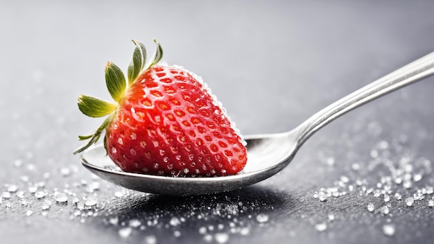 Ripe strawberry on silver spoon witu sugar