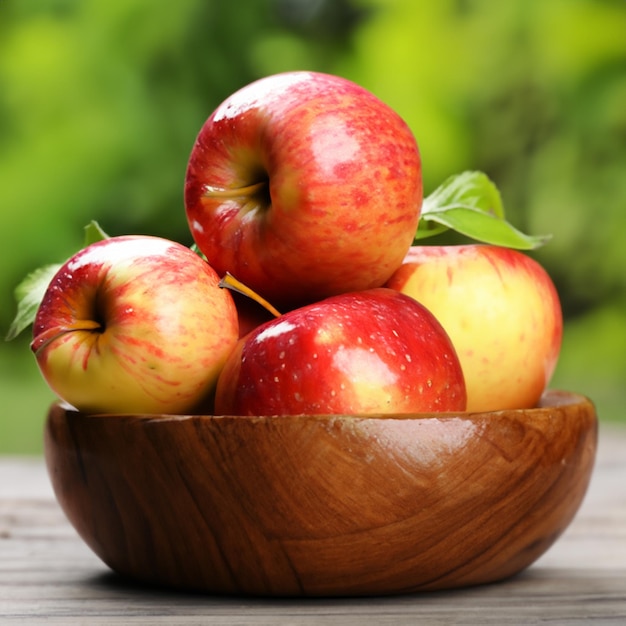 Ripe sweet apples with leaves in wooden bowl on nature background