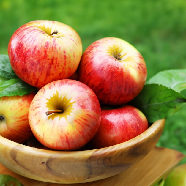 Ripe sweet apples with leaves in wooden bowl on nature background