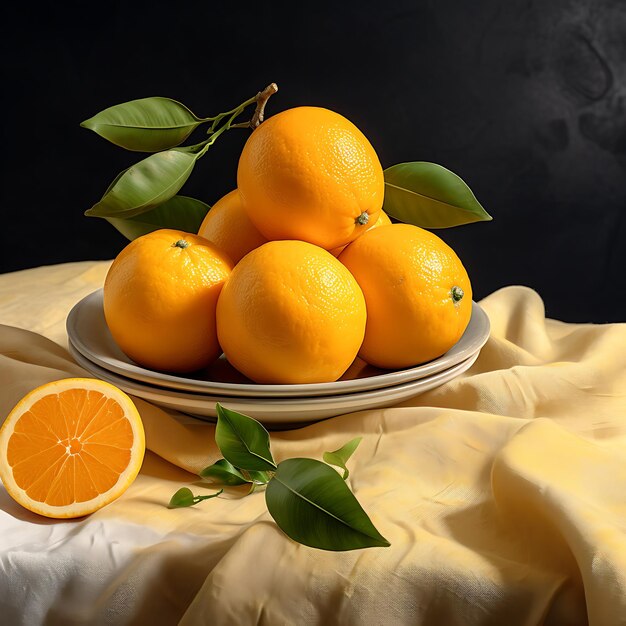 Ripe tangerines with green leaves on a table