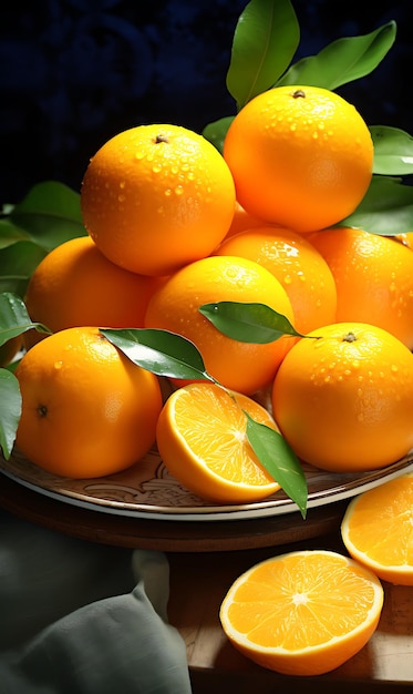 Ripe tangerines with green leaves on a table