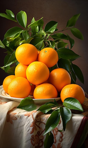 Ripe tangerines with green leaves on a table