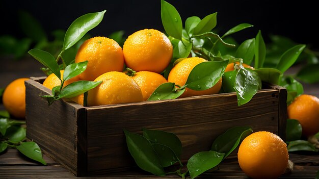 Ripe tangerines with leaves in a wooden box