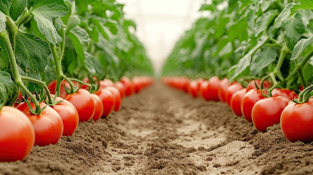 Ripe tomatoes resting on the ground beside flourishing plantations at a vibrant tomato farm in late summer