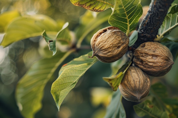 Photo ripe walnuts ready for harvest on a late summer walnut tree branch