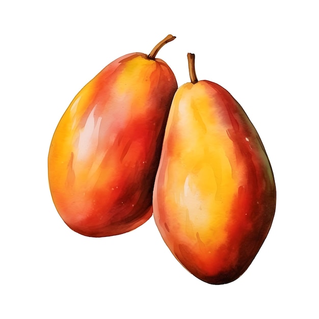 Ripe Watercolor Mango with Vibrant Orange and Yellow Hues on White Background