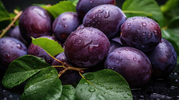 Ripe wet plums lying in a pile with green leaves