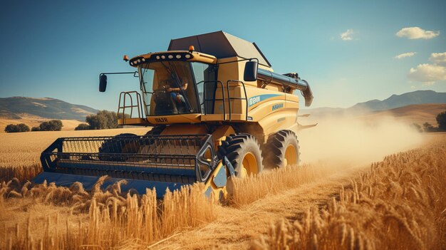 Ripe wheat cutting with heavy machinery outdoors