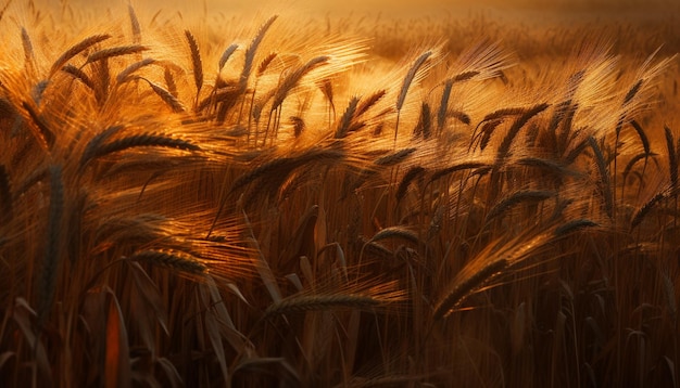 Ripe wheat glows gold in summer sunset generated by AI