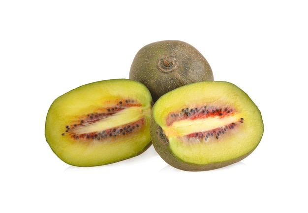 Ripe whole kiwi fruit and halved kiwi fruit isolated on white background