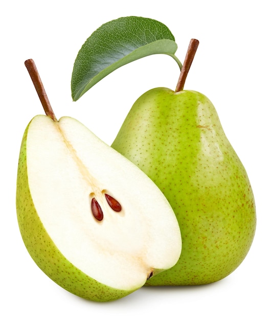 Ripe whole pear fruit with green leaf and half