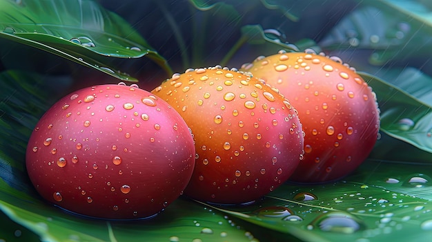 Ripe yellow mango fruit on green leaf background