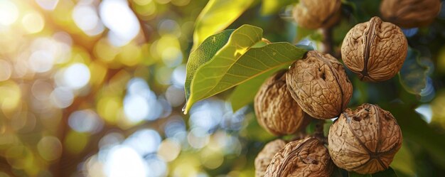 Photo ripening walnuts on a branch with lush green leaves in the orchard sunlight