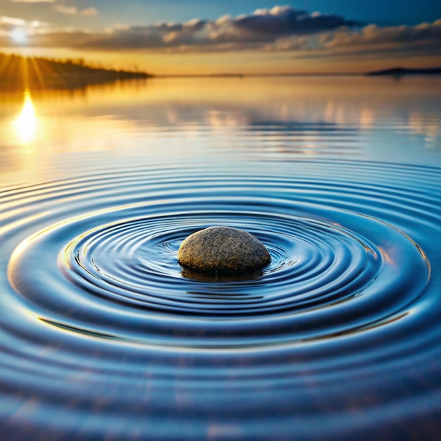 Ripples expanding on a calm pond from a single pebble