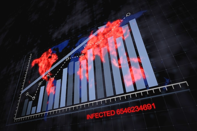 Rising blue bar graph following the arrow on a background of a world map with a spreading red virus. 3d render.