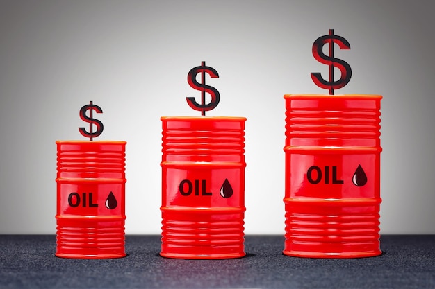 Rising crude oil prices concept Red Oil barrels with dollar sign on grey background