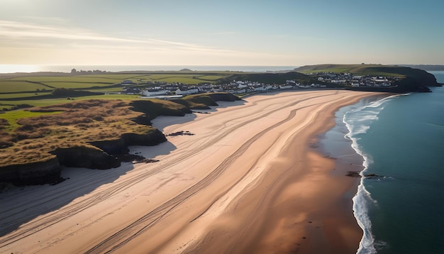 Photo rising drone exterior of summerleaze beach in bude cornwall emphasizing the beachs scenic