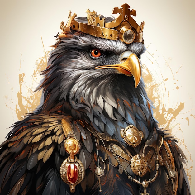 Rising Elegance Majestic Cartoon Eagle in a Regal Pose Wearing Crown and Royal Robe Vector Art