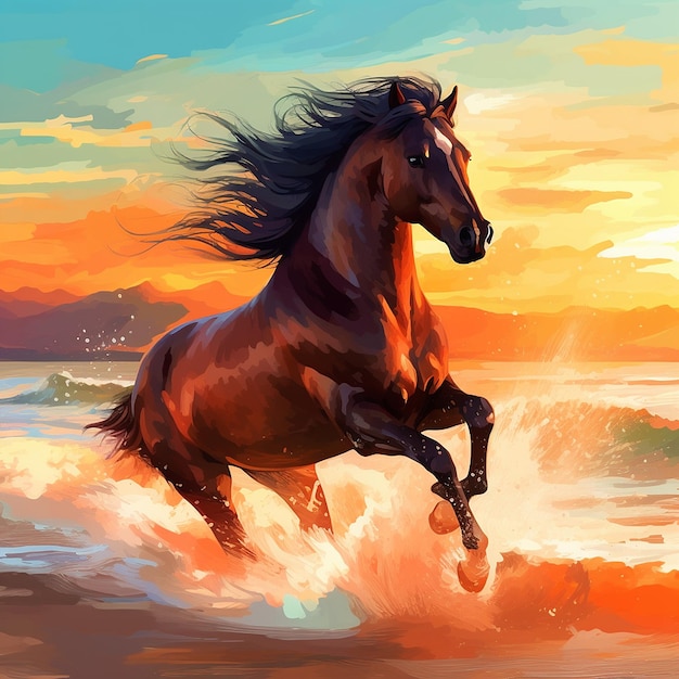 Rising sun horse running beach painting Generative AI