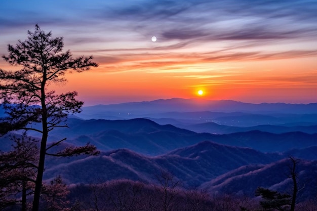 Rising sun behind mountains and starry sky