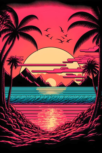 Rising sun and paradise beach background vintage style illustration