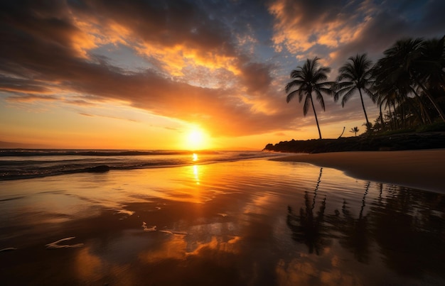 Rising sun on serene beach blue sky coconut trees and golden reflection in the water generative IA