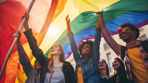 Rising Together in Pride A diverse group of LGBTQ activists lifts a vibrant rainbow flag