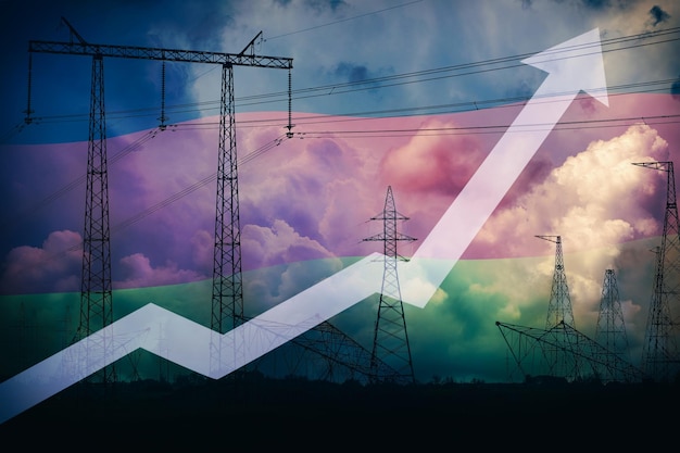 Rising up arrow against Germany flag and power line silhouette and stormy sky Electricity price growth Energy crisis in Germany Power generation shortage Huge power cost