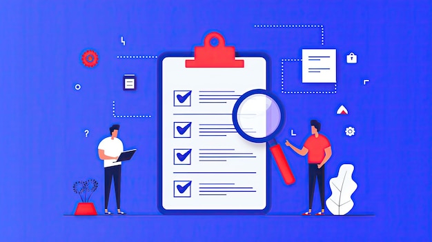 Photo risk assessment magnifying glass and checklist flat design illustration