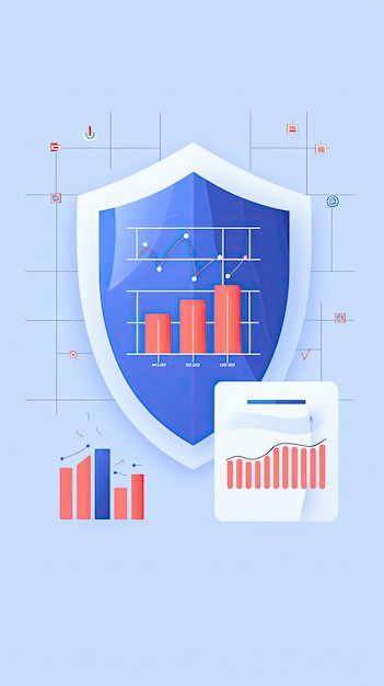 Risk management shield and graphs flat design illustration