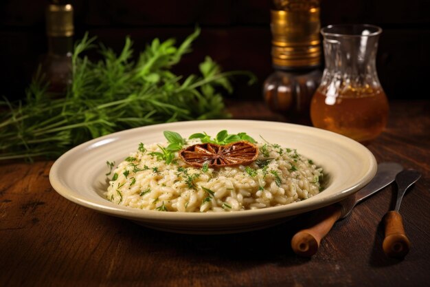 Risotto garnished with fresh herbs on plate