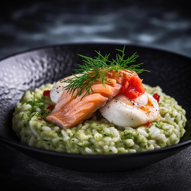 Risotto with pesto sauce and creamy stracciatella complemented by salmon