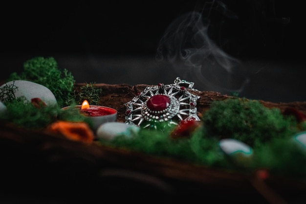 Ritual amulet green moss and stones in the bark of a tree on a black background