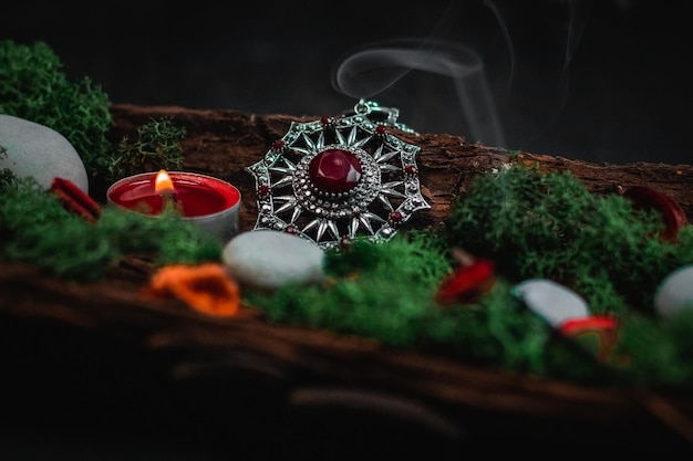 Ritual amulet green moss and stones in the bark of a tree on a black background