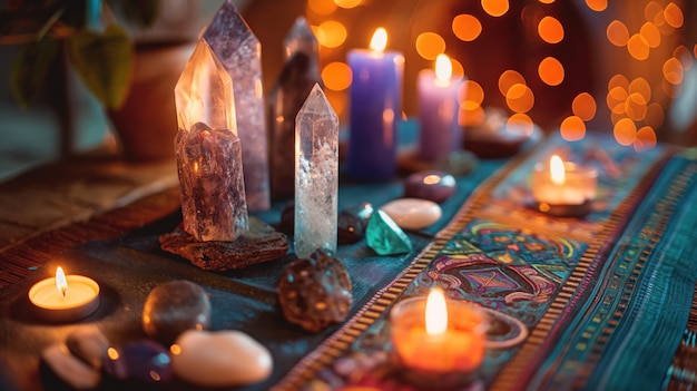 Photo ritual setup with crystals and candles creating a sacred space for meditation spellwork and connection with higher energies