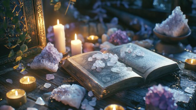 ritual table with crystals candles and an open grimoire set up for a magical ceremony to invoke spirits and harness mystical powers