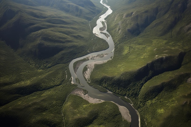 River aerial green hills Sunny forest Generate Ai