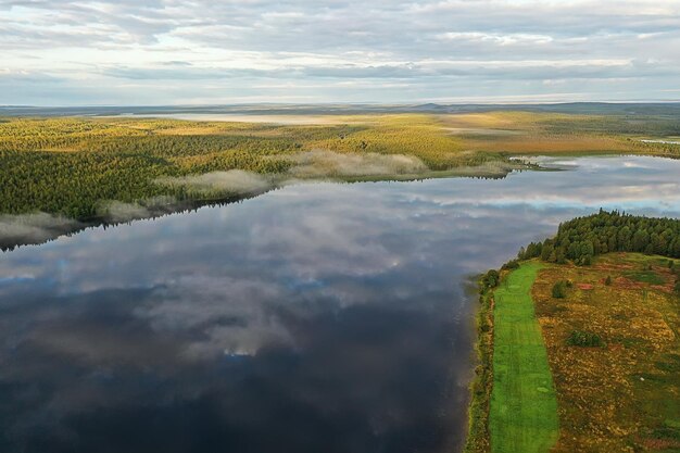 river autumn view from drone forest, landscape panorama aerial view