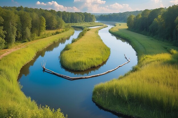 Photo river bend with wooden pointer