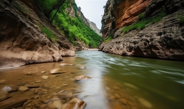 A river in a canyon with a green tree in the background