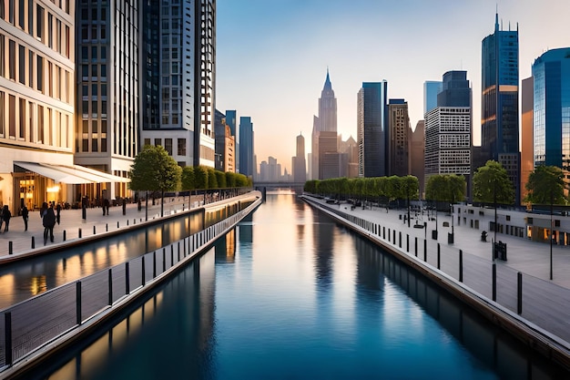 A river in a city with a view of the city skyline