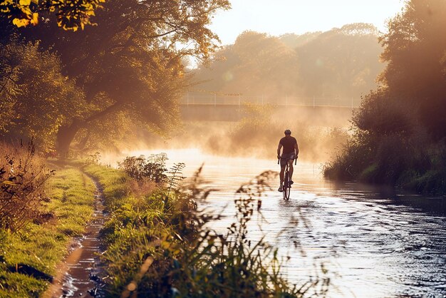 Photo river cycling with dslr capturing sporty morning scenery