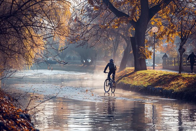 River cycling with DSLR capturing sporty morning scenery